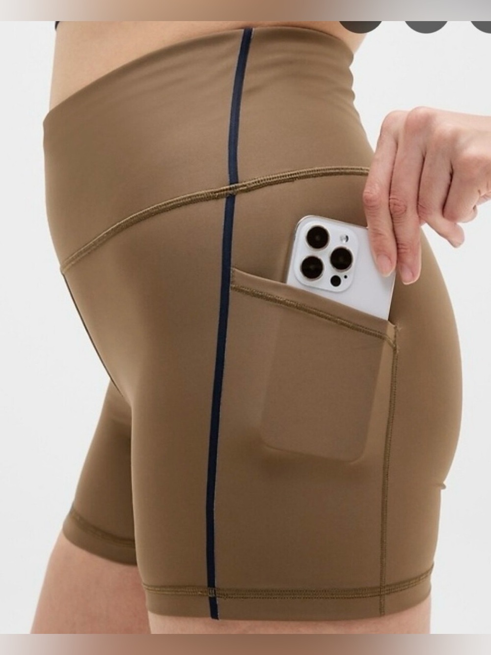 Athleta Tan Bike Shorts with Navy Side Stripe and Phone Pocket